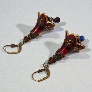 Red Hand Painted LuciteBrown Flower Earrings, Crystal, Filigree